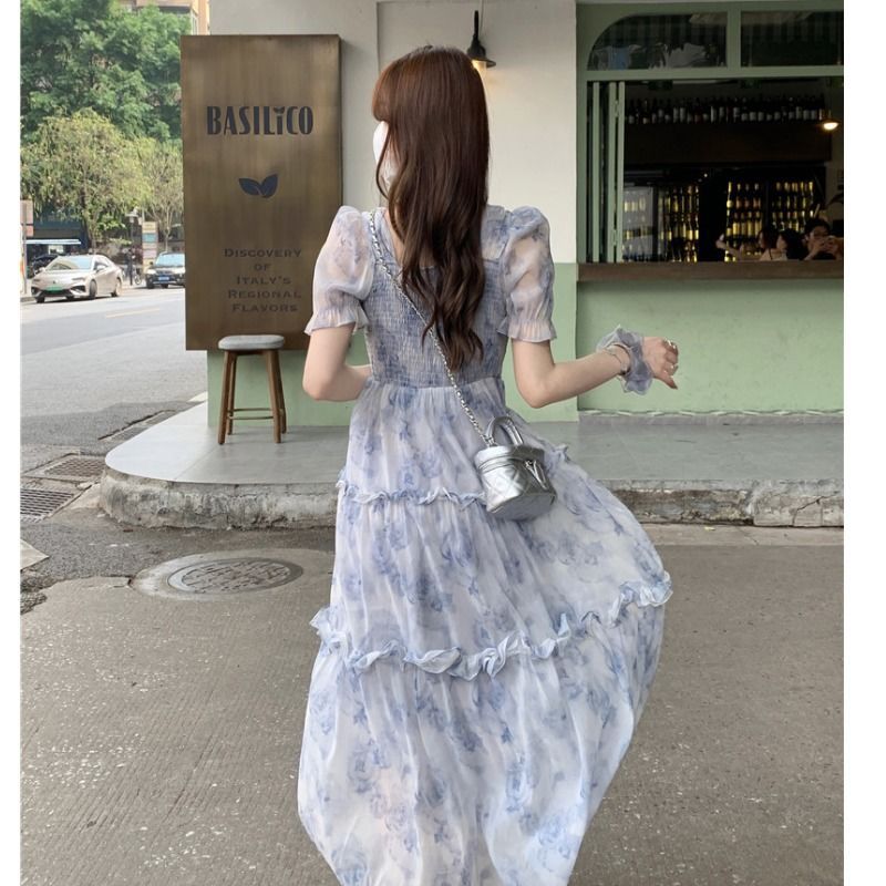 Afternoon Tea Dress with Bubble Sleeves and Floral Print
