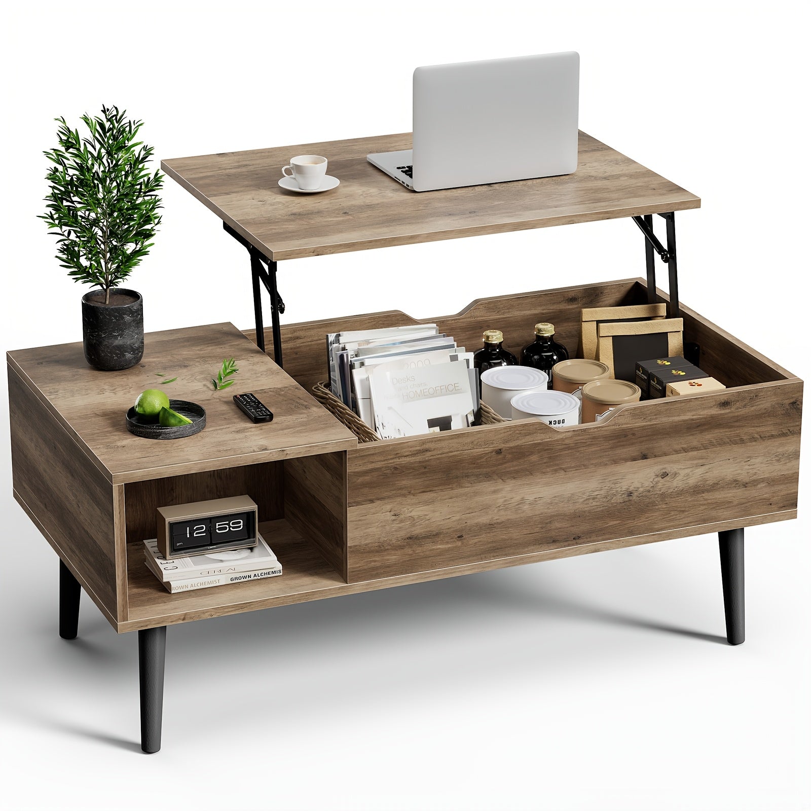 Height Adjustable Wooden Garden Coffee Table With Hidden Compartments And Storage Shelves