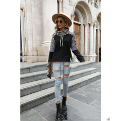 New Leopard Color Contrast High Neck Long Sleeve Sweatshirt