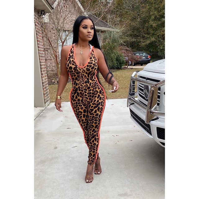 Leopard Splicing Deep V Slim Vest Jumpsuit