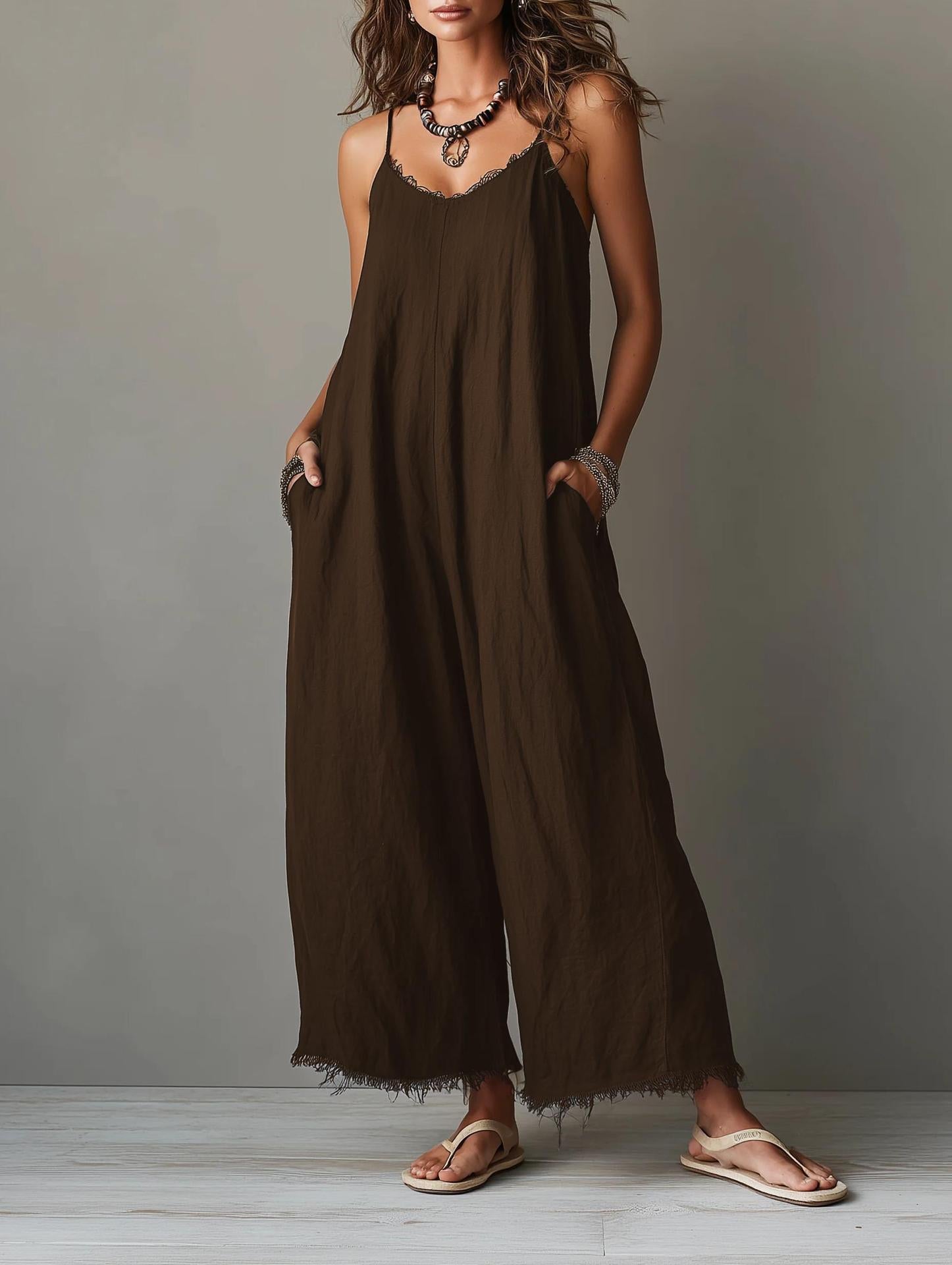 Womens Loose-fitting Solid-color Wide-leg Jumpsuit With Straps