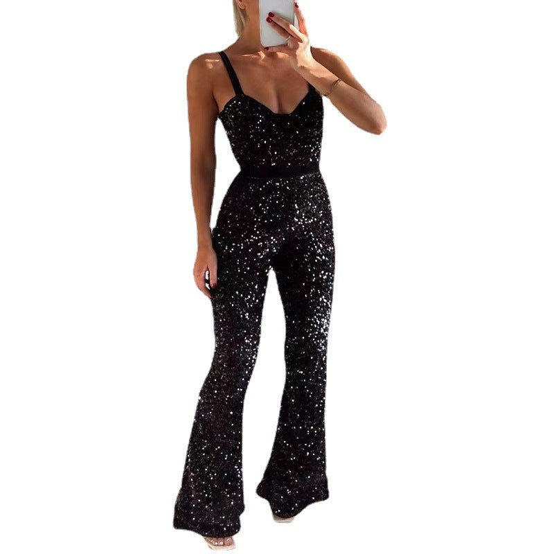 Sequin Flared Jumpsuit Sleeveless Party Romper