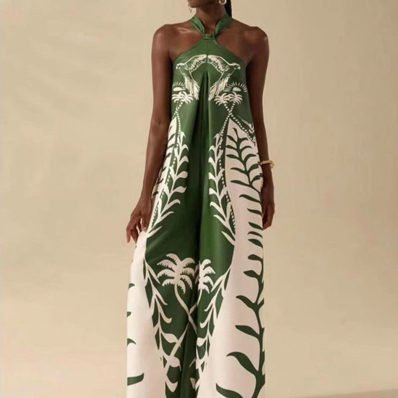 Women's Printed Halter Sleeveless Wide-Leg Romper