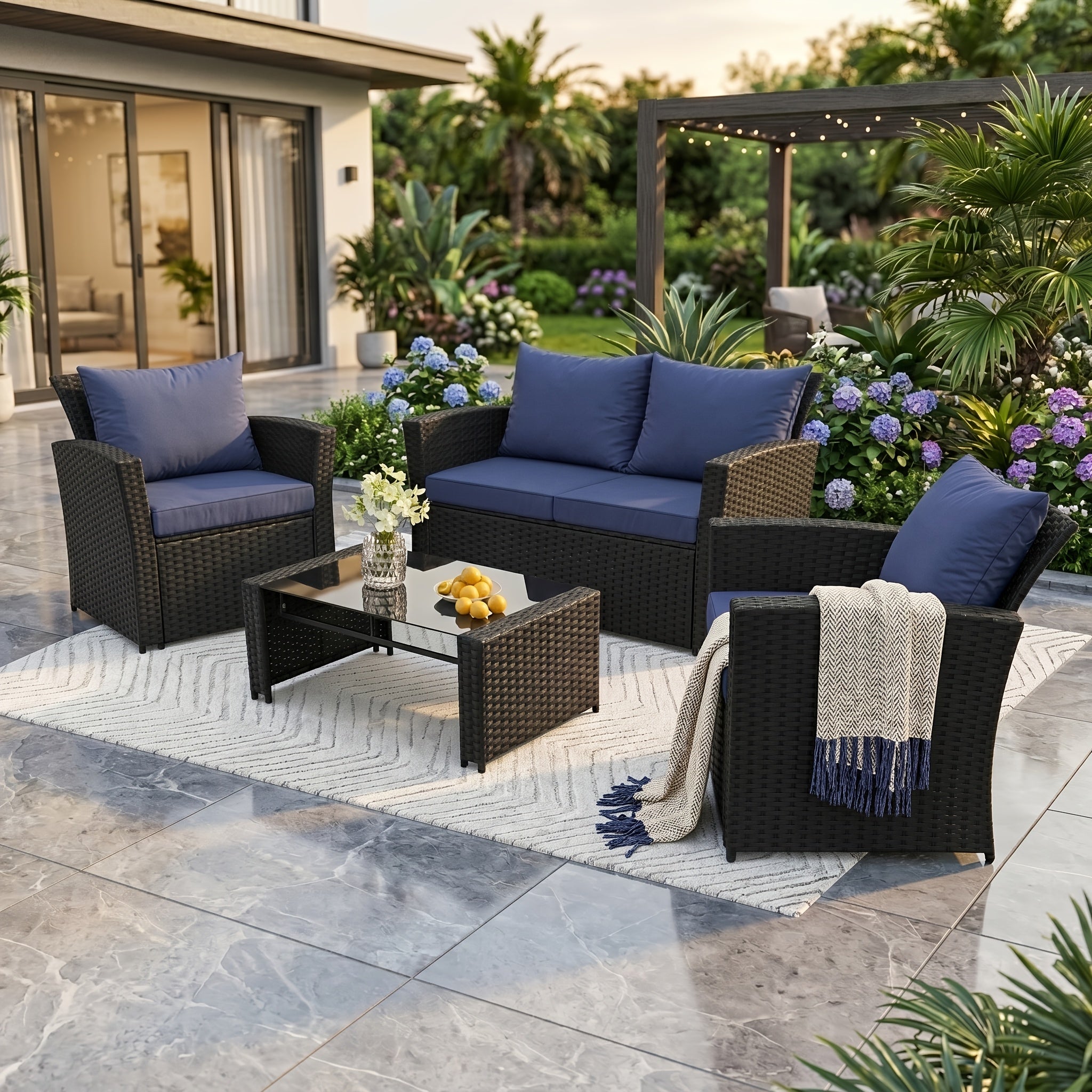 Patio Furniture Sets, 4pcs Outdoor Patio Furniture Set, PE Rattan Conversation Sets Outdoor Sectional Patio Sofa Couch with Cushions And Coffee Table for Outside, Garden, Balcony, Porch