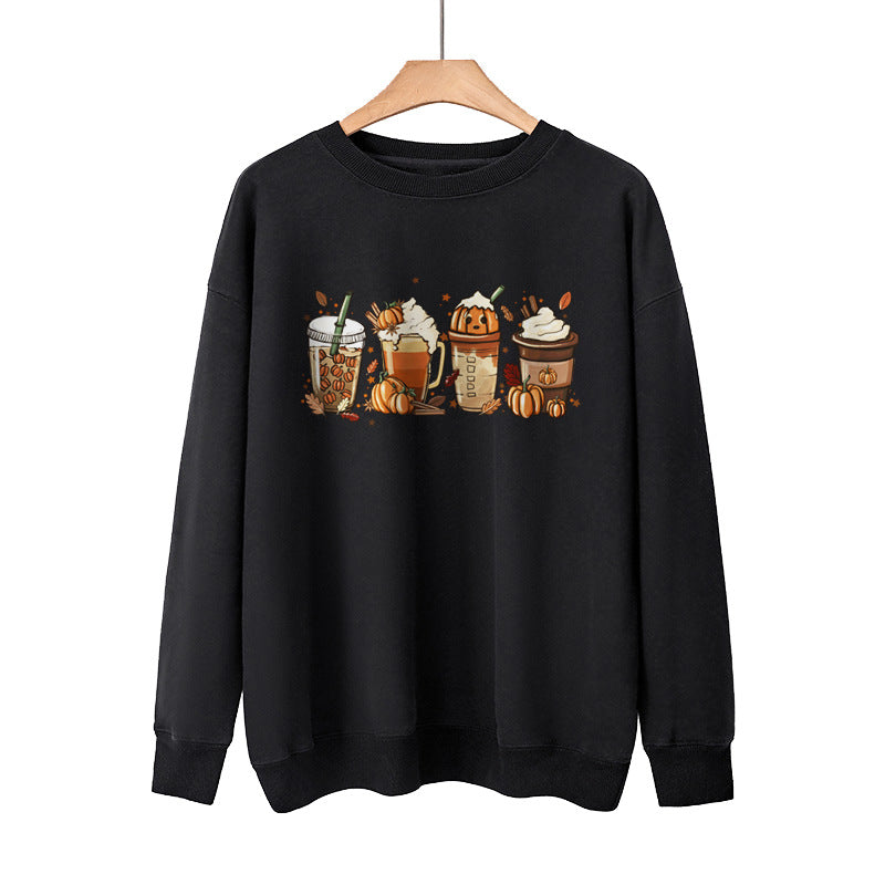 Pumpkin Coffee Halloween Casual Loose Pullover Sweatshirt