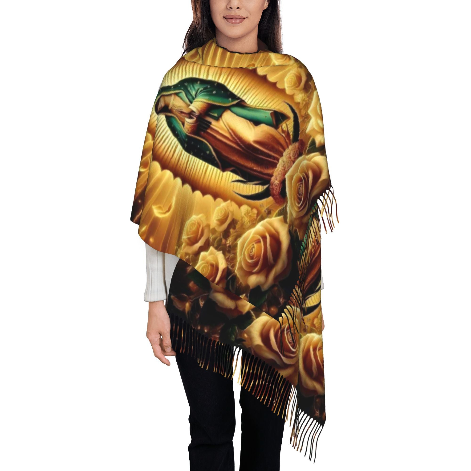 Unisex Our Lady of Guadalupe Tassel Scarf – Warm Windproof Shawl for Autumn/Winter