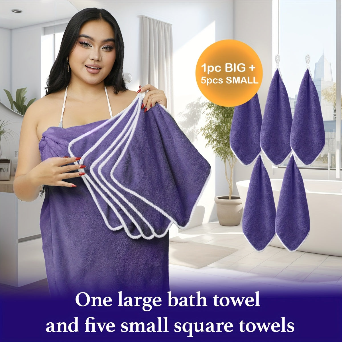 6pcs Set Plus Size Bath Towel Set for Curvy Women, 1 Extra Large Soft Coral Fleece Body Towel (78.74x39.37inch) + 5 Small Bath Towels (13.78x13.78inch), Quick-Dry, Lightweight, Highly Absorbent, Mu...