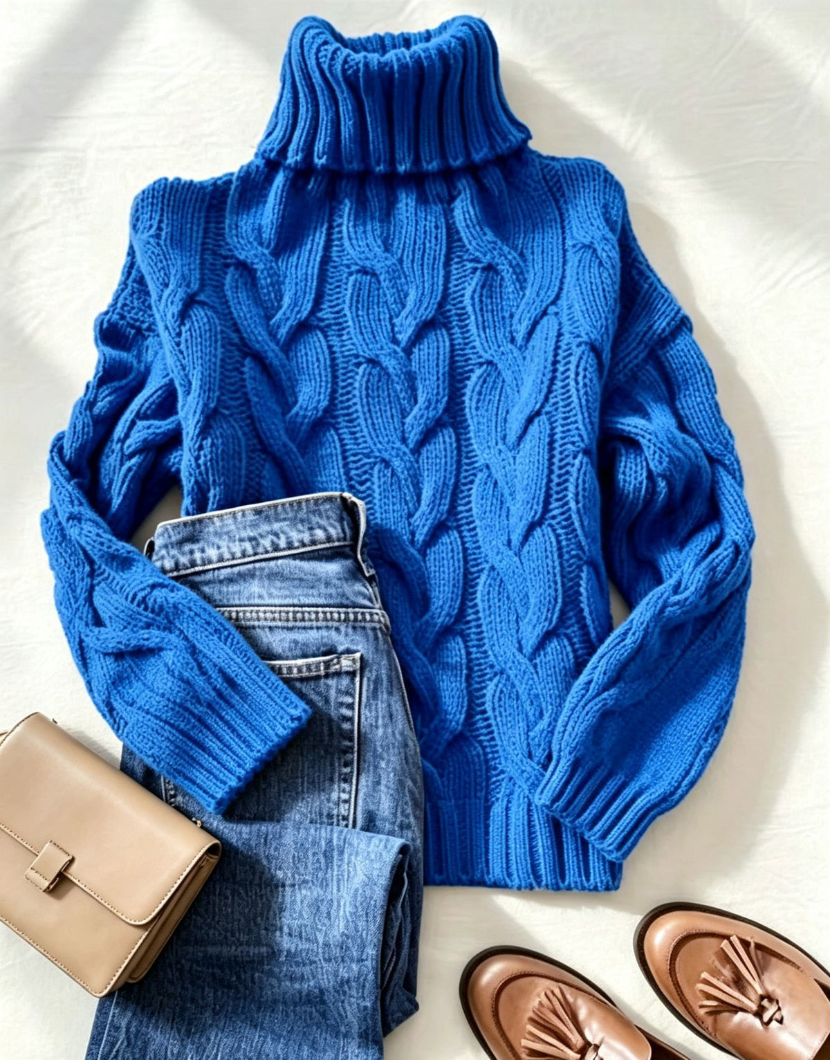 Comfortable Turtleneck Long-sleeve Sweater with a Cable-knit Pattern