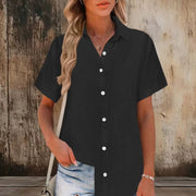 New Womens Cotton-linen Solid-color Short-sleeve Shirt