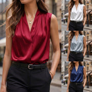Satin Sleeveless Top V-neck Pullover Chiffon Blouse For Women