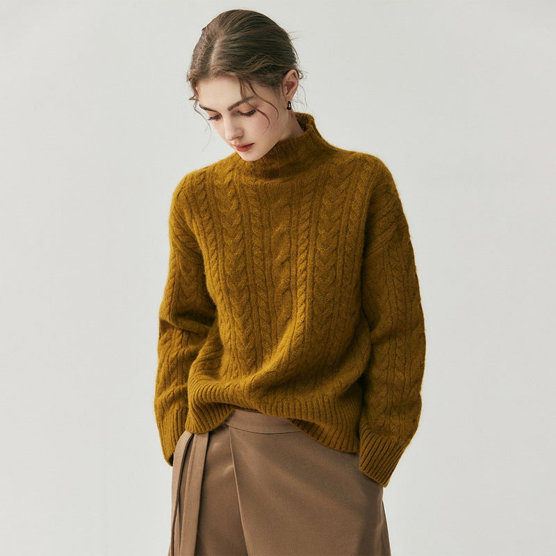 Womens Half-turtleneck Seamed Cable-knit Cashmere Sweater Elegant Artistic and Versatile for Any Look