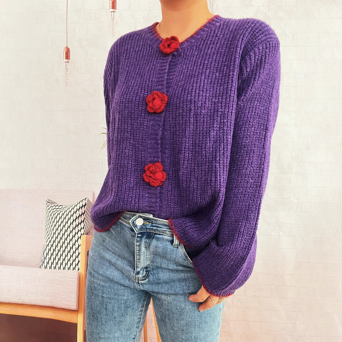 New Cute Flowers Button Simple Street Valentine's Day Sweater
