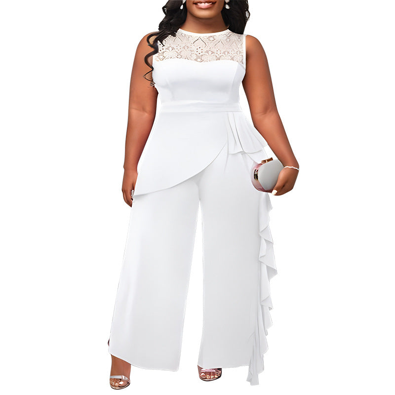 Elegant Plus-Size Straight-Leg Patchwork Jumpsuit