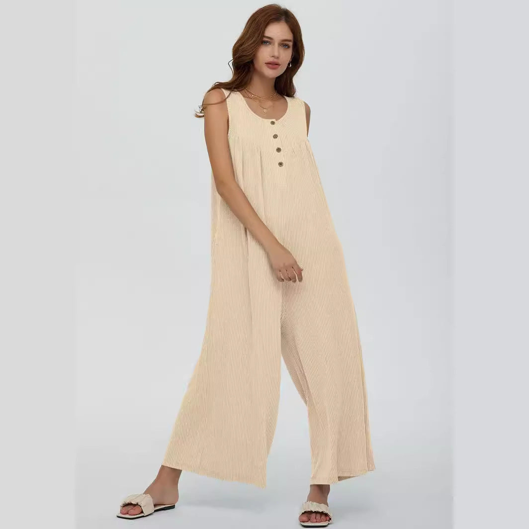 Summer European And American Style Fresh Casual Women's Pocket Jumpsuit