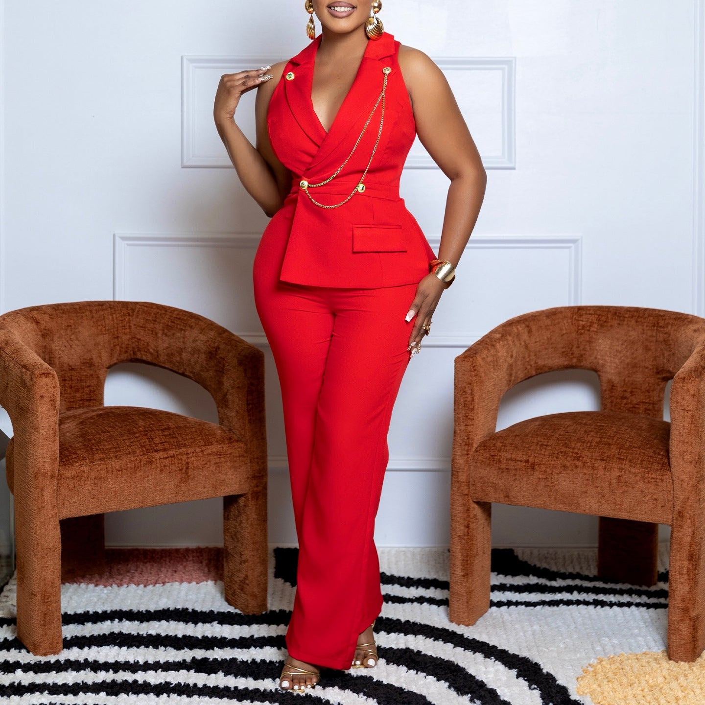 Chic Chain-Accent Wide-Leg Suit Collar Jumpsuit