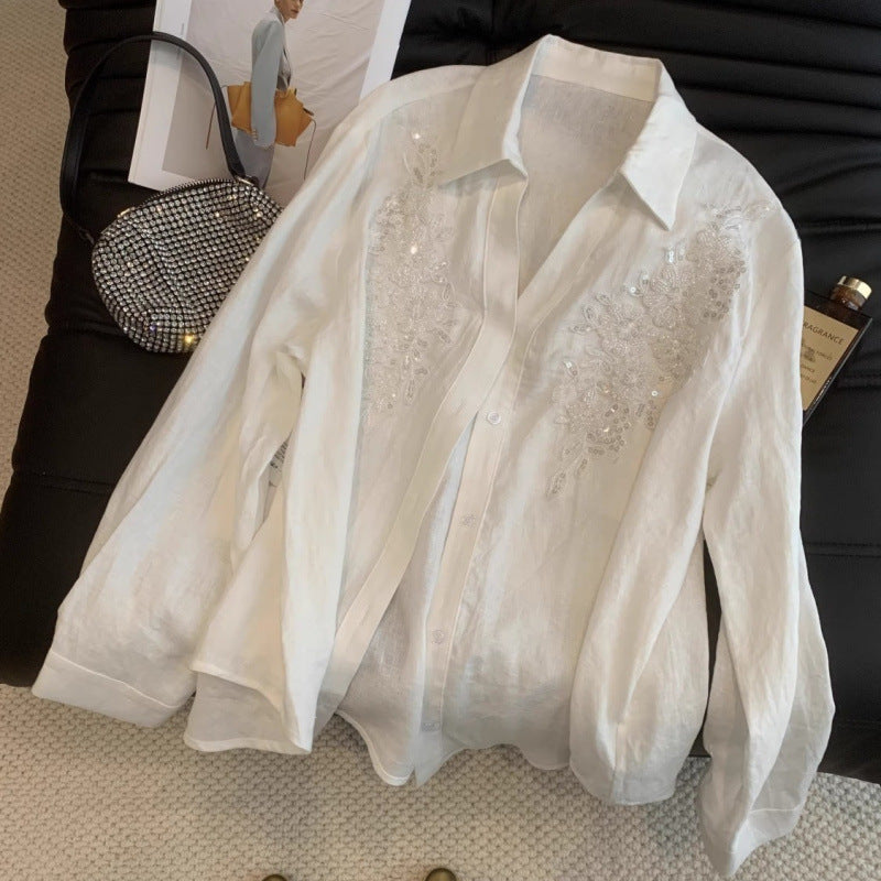 Long-sleeve Sequin Single-breasted Loose-fit Blouse Top