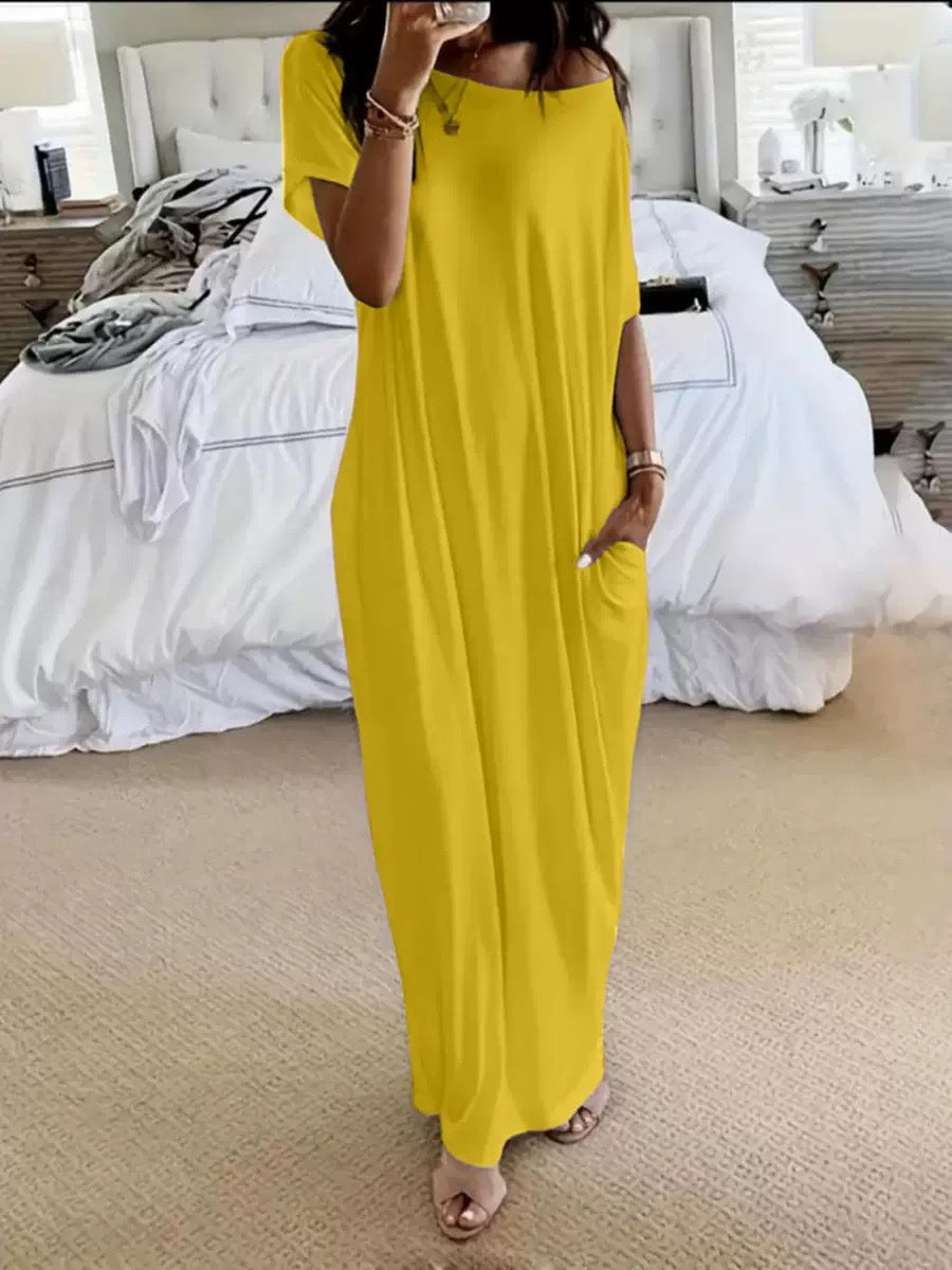 New Womens Solid-color Short-sleeve Long Casual Dress