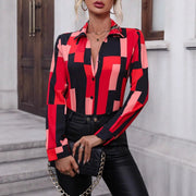 Womens Versatile Geometric-Print Long-Sleeve Blouse