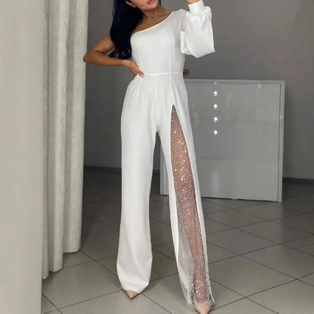 Sexy Oblique Shoulder High Slit Long Sleeve Jumpsuit