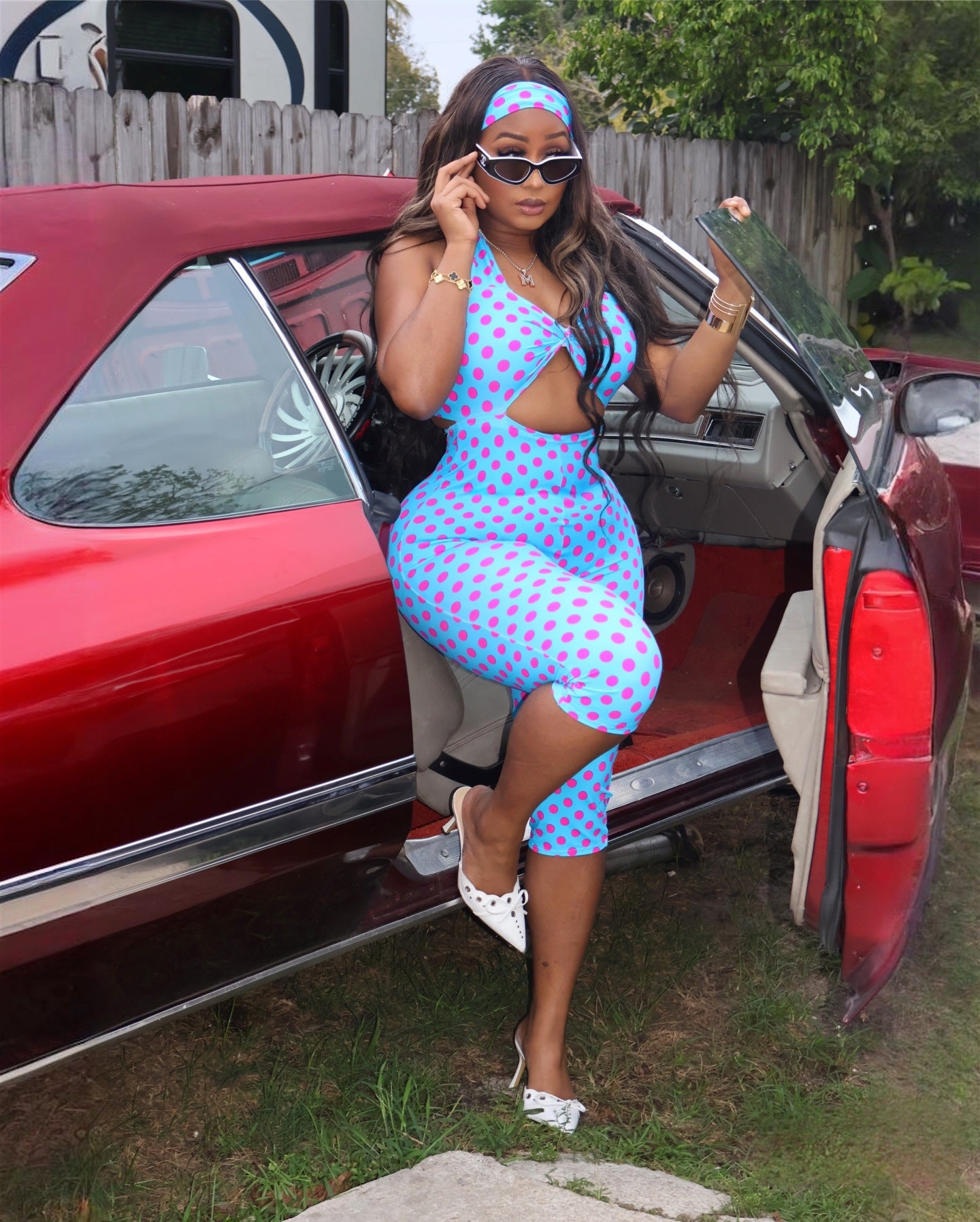 Polka-Dot Halter Bandeau Jumpsuit with Matching Headscarf