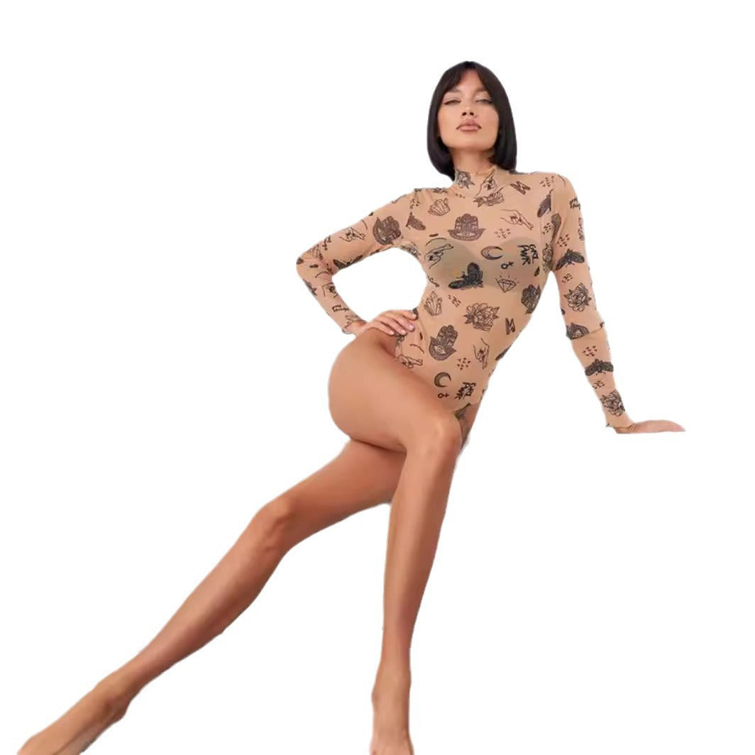 Women's Printed Long-Sleeve Tight Bodysuit