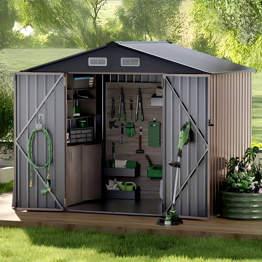 Metal Storage Shed 7.75x5.6ft, (7.33'x5.28' Base, No Floor), 6 X 4ft, Metal Steel Outdoor Storage Shed with Air Vent & Lockable Doors, for Garden, Patio And Backyard, Tools, Bike, 10x12ft (2 BOXES ...