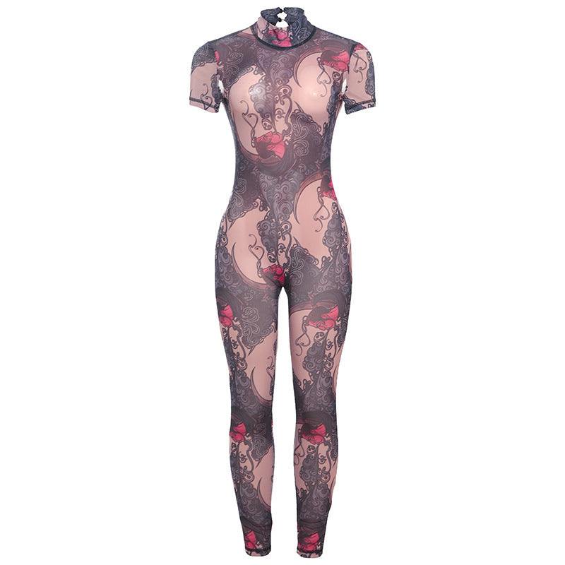 Sexy Backless Hollow-Out Turtleneck Printed Jumpsuit