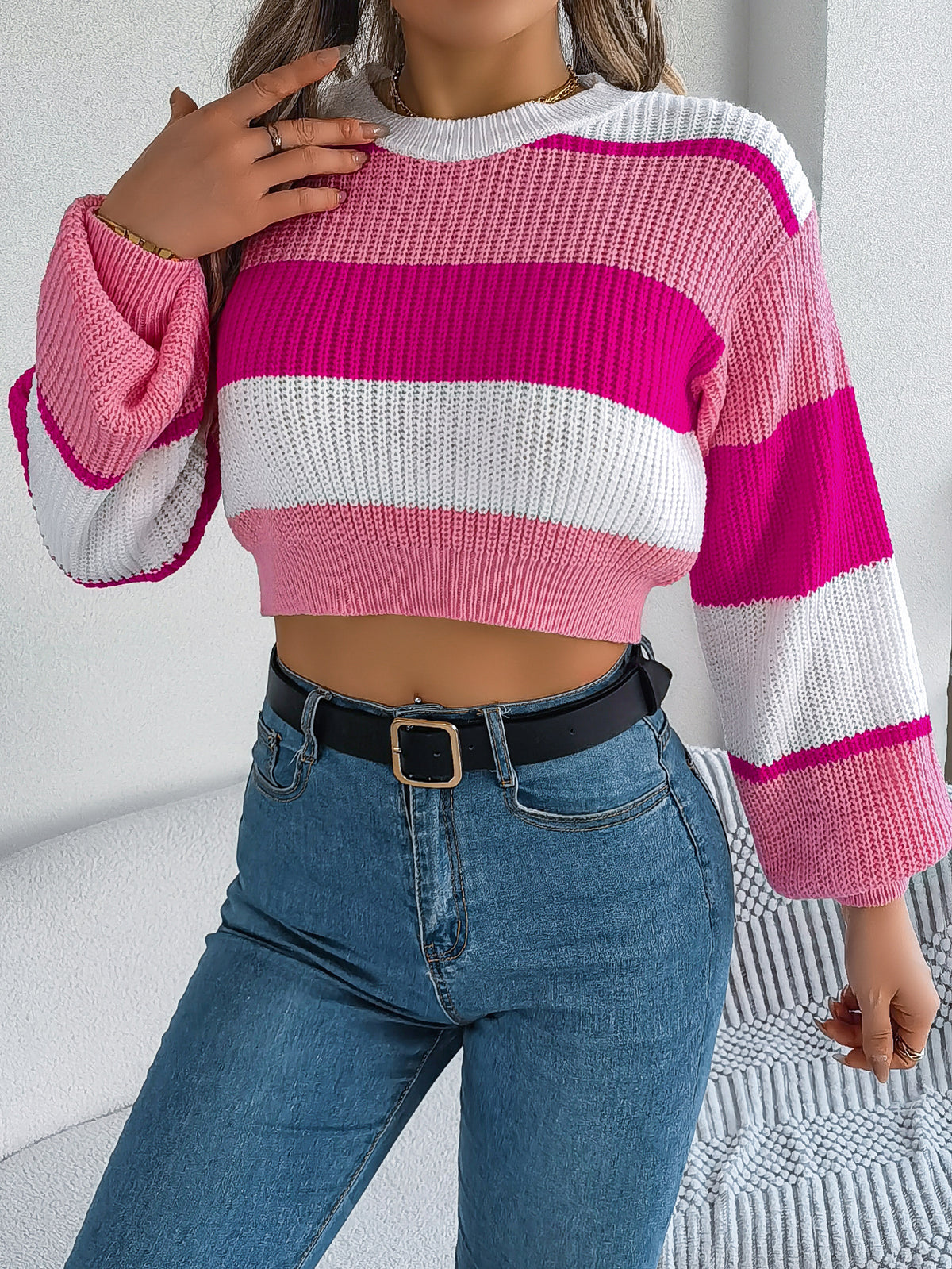 Women Casual Color Block Lantern Sleeve Cropped Pullover Sweater