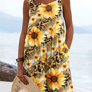 Sunflower Print Sleeveless Boho Jumpsuit