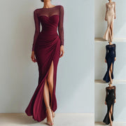 Pleated Waist-cinching Sheath Dress with a High Slit