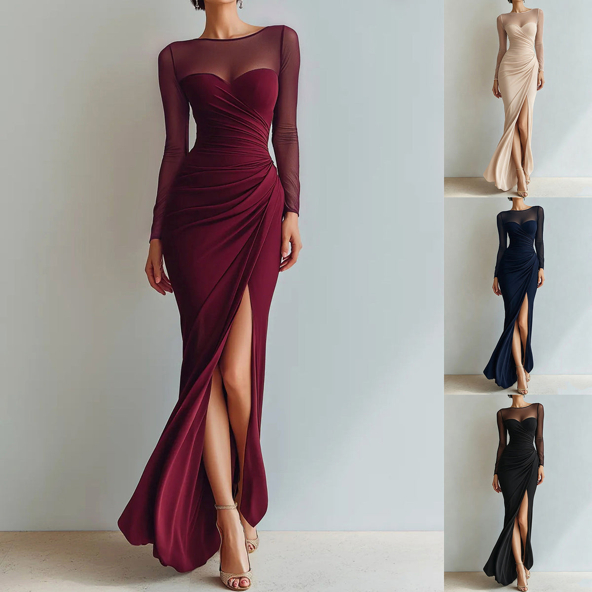 Pleated Waist-cinching Sheath Dress with a High Slit