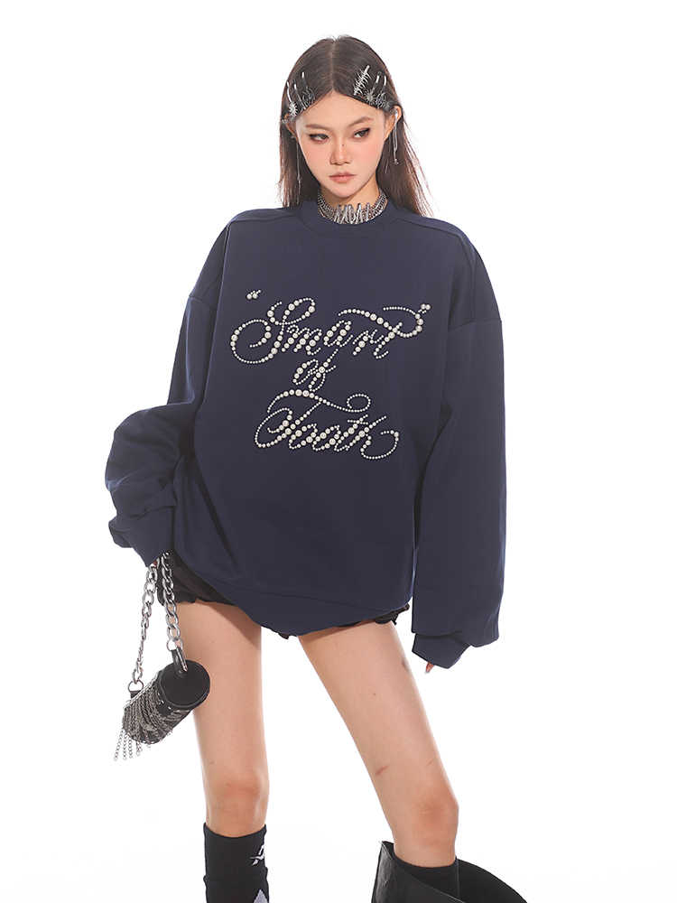 Pearl Inlaid Loose Round Neck Couple Sweater Top