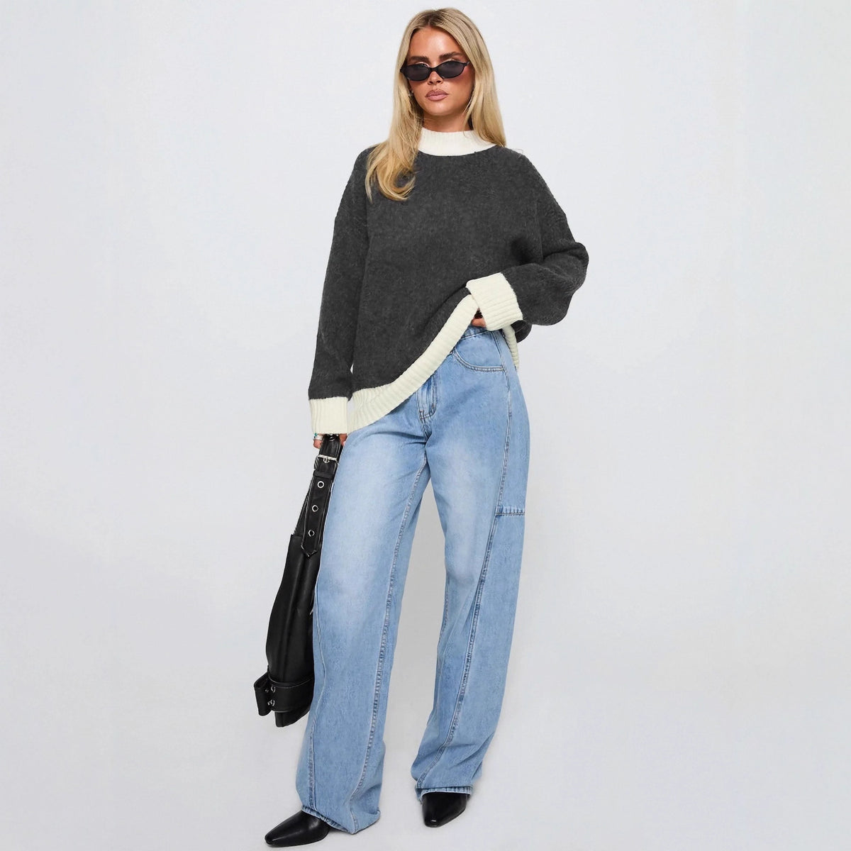 Loose Simple Casual Color-block Crewneck Long-sleeve Sweater for Women