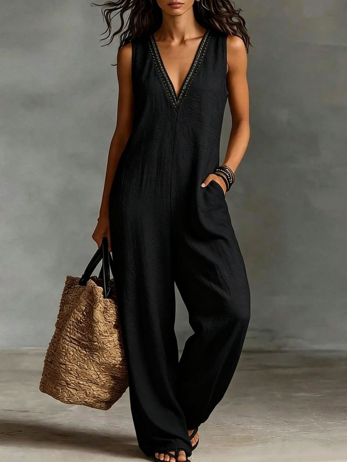 New Womens V-neck Sleeveless Wide-leg Jumpsuit