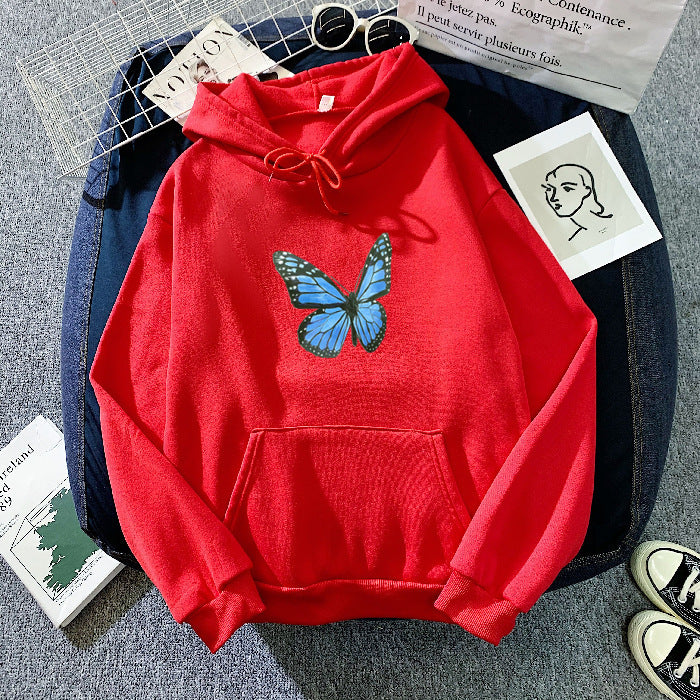 Cozy Fleece-Lined Butterfly Print Pullover Hoodie