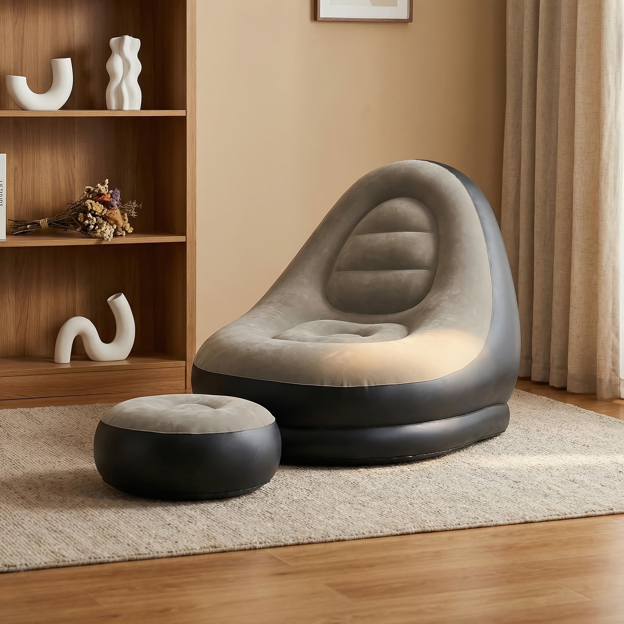 New Plush Inflatable Lazy Sofa With Footrest Combination Lounge Chair Camping Picnic Artifact Single Casual Inflatable Sofa Bed Indoor Nap Chair