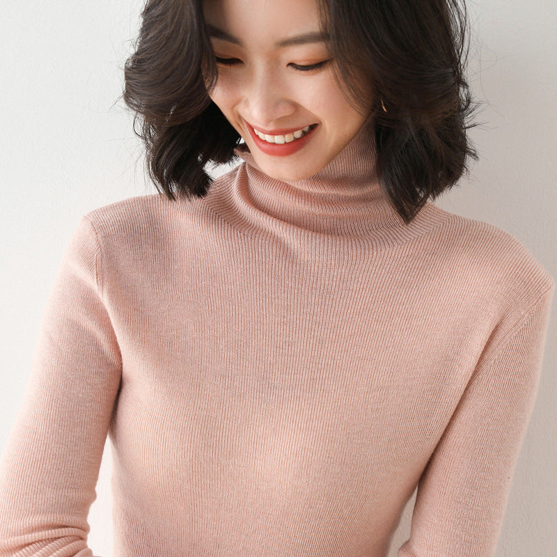 Womens Solid-color Slim-fit Knitted Bottoming Shirt