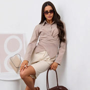 Women's Designer-style Shirt With A Turn-down Collar Slanted Front Placket And A Fitted Waist