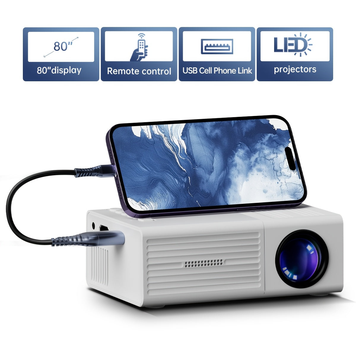 Mini Projector, Portable Video Projector, Home Theater Projector, Supports Mobile Screen Projection, Native Resolution Of1280x720P, Suitable For Offices, Outdoor Camping, Etc. Movie Projector
