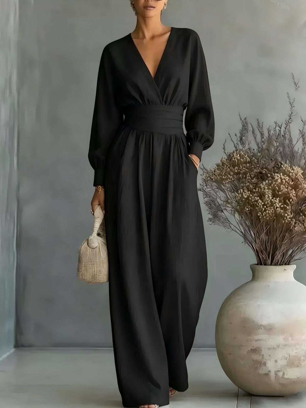 Fitted-waist V-neck Long-sleeve Womens Solid-color Jumpsuit