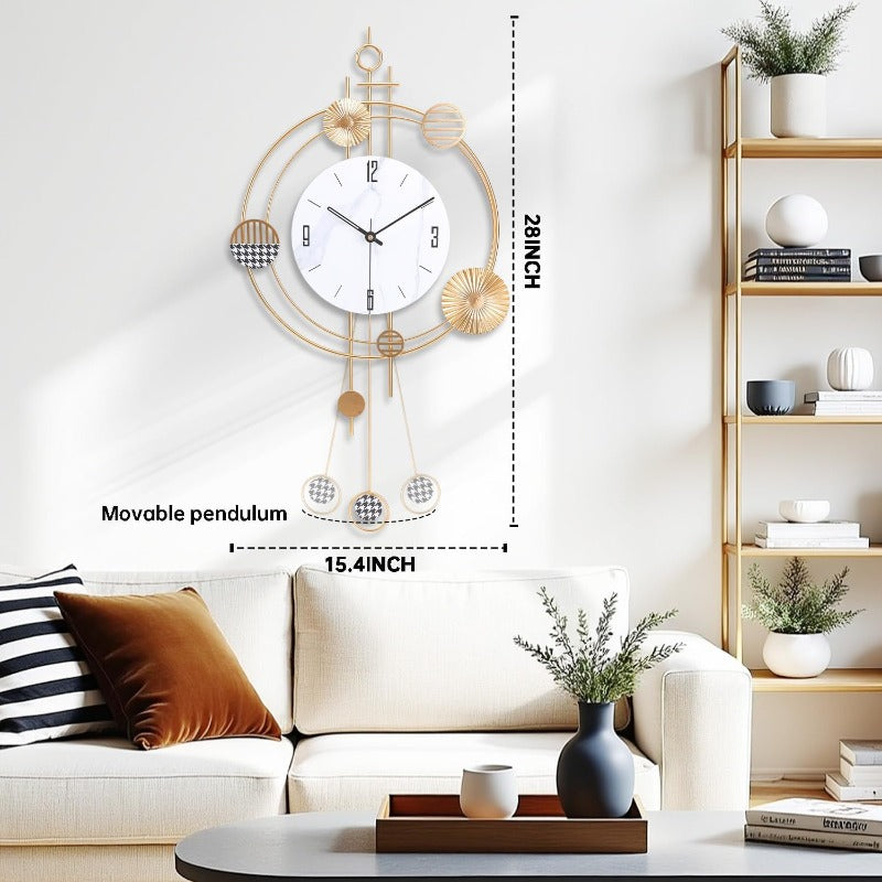 Large 15.4x28 Inch Modern Minimalist Wall Clock with Pendulum - Silent Quartz Movement, Battery Operated (No Electricity), Golden-Toned Black & White Face, Black Hands & Golden Numbers, Glass Rectangular Frame - Elegant Large Analog Clock for