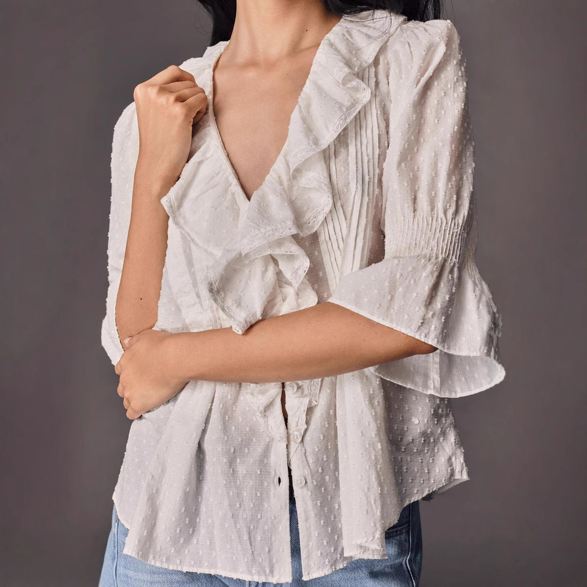 Jacquard Ruffled-edge Loose And Comfortable Shirt