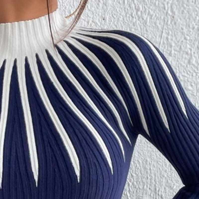 Womens Slim Fit Mock Neck Sweater, Ribbed Striped Long Sleeve Knit for Fall Winter