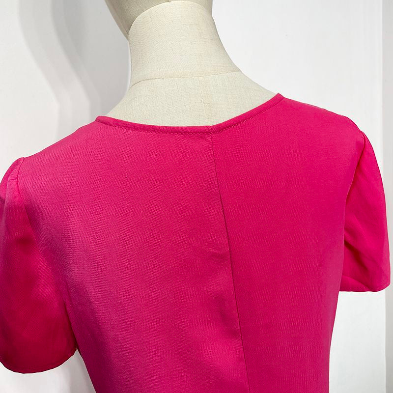 Rose-red V-neck Short-sleeve Dress Loose-fitting