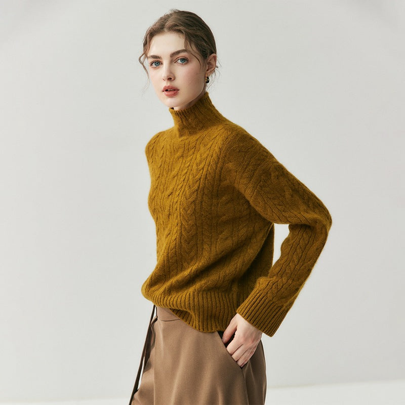 Womens Half-turtleneck Seamed Cable-knit Cashmere Sweater Elegant Artistic and Versatile for Any Look