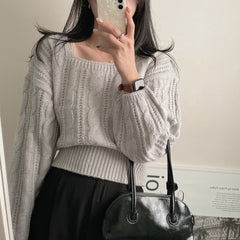 Cable-knit Sweater Lantern Sleeve Solid Color Square Collar Pullover Sweater