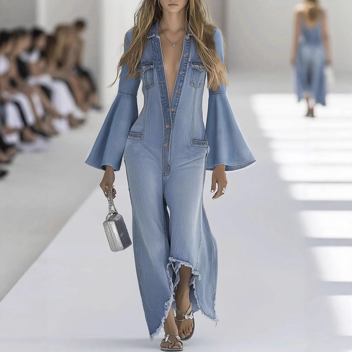 Women's Casual Single-Breasted Denim Jumpsuit