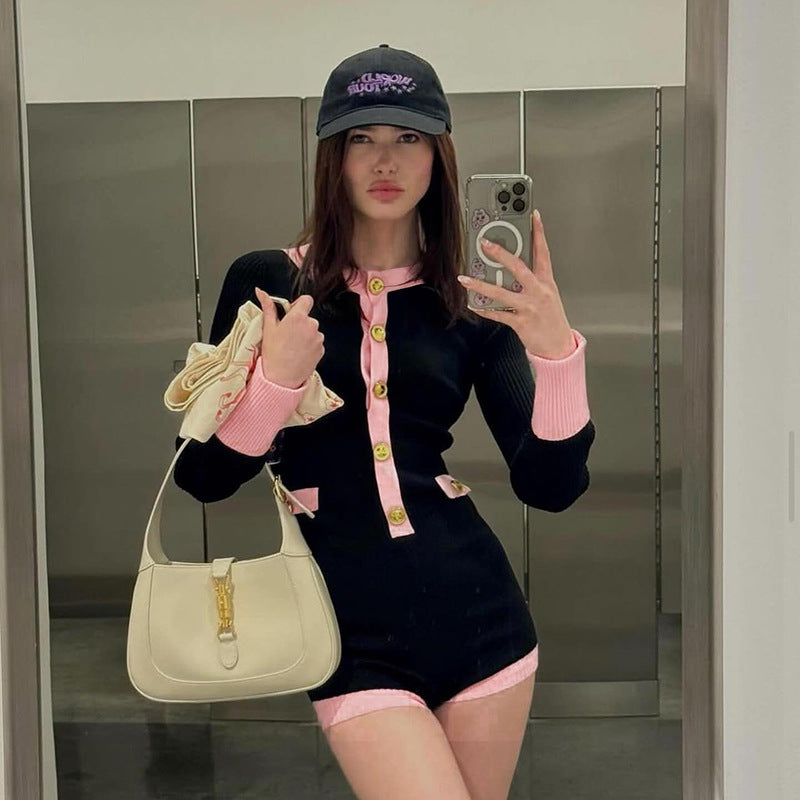 European, American And French Style Elegant Slim Knit Contrast Color Long Sleeves Jumpsuit