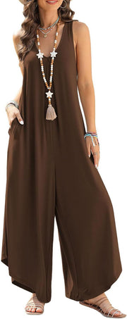 Women's Casual V-Neck Pocket Wide Leg Jumpsuit