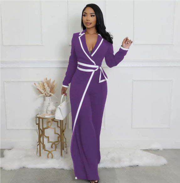 Fashion Belt Design Dual-color Patchwork Long Sleeve Jumpsuit